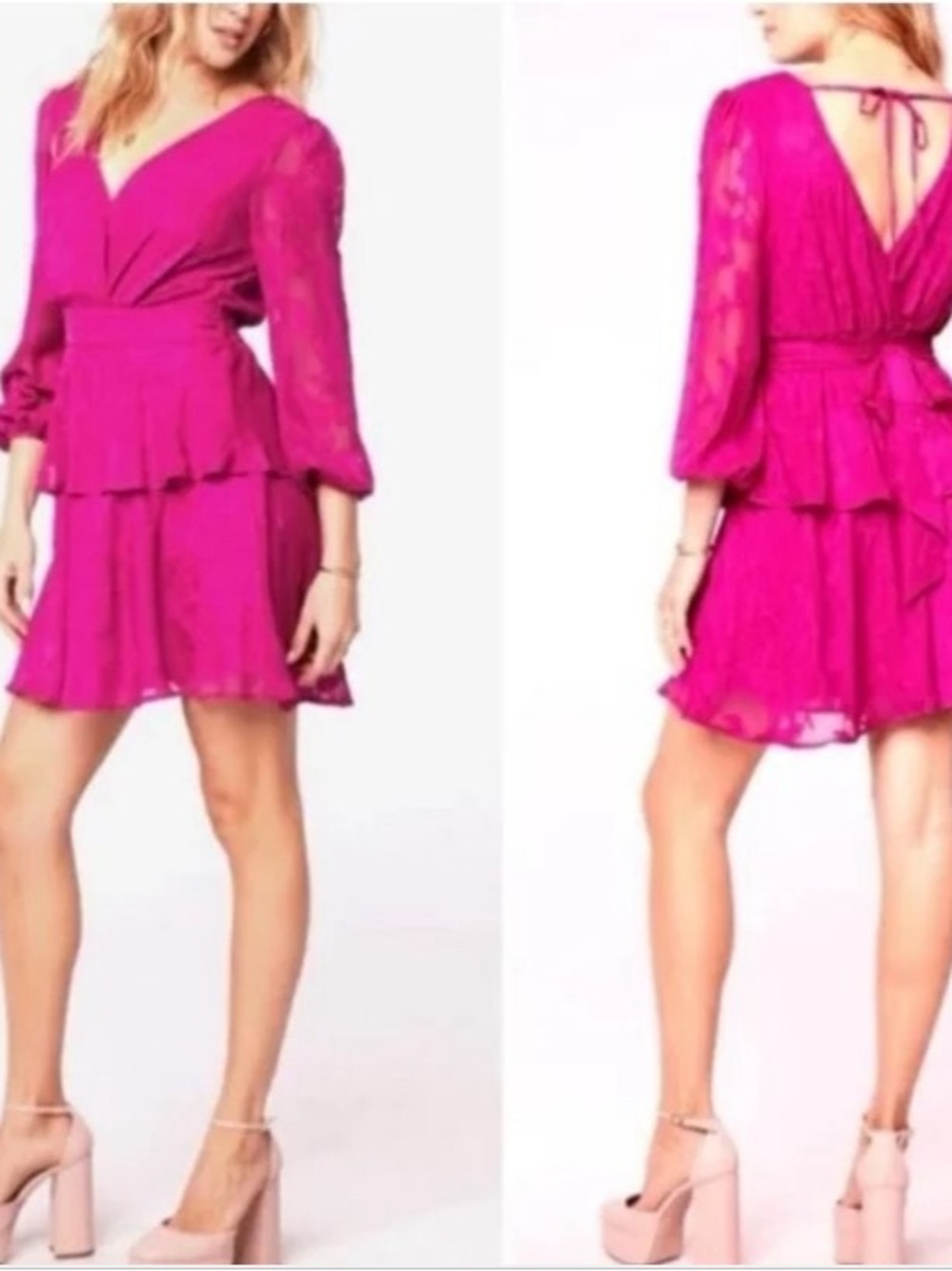 NWOT Women's Fuchsia Tiered V-Neck Mini Dress with Sheer Sleeves